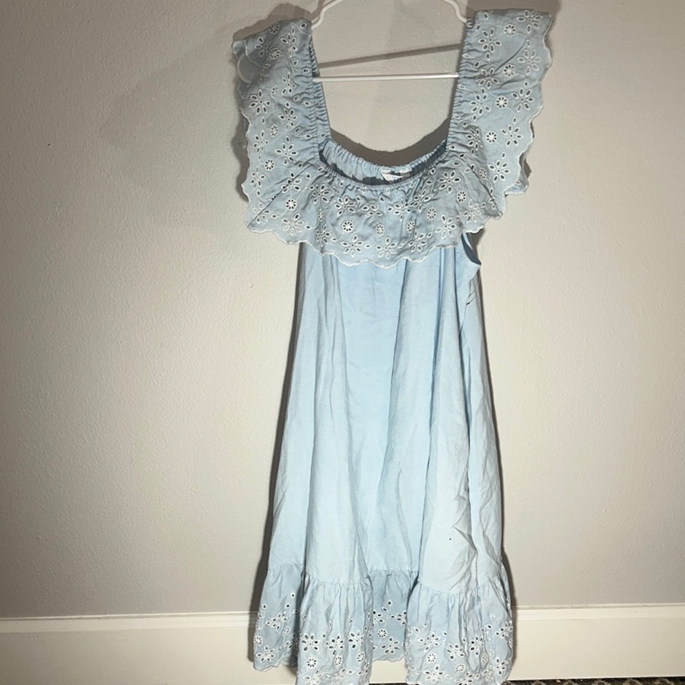 Light blue dress with floral ruffle sleeves. Brand new just took tags off